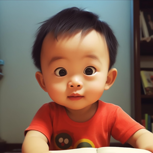 there is a baby that is sitting at a table with a book generative ai