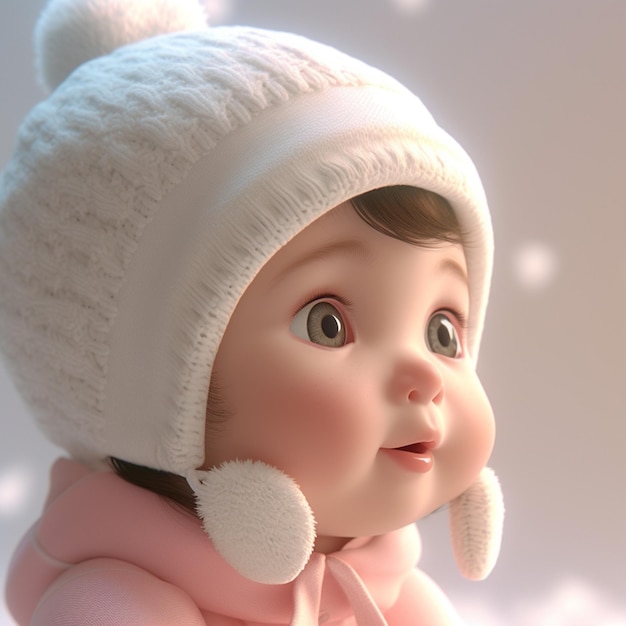 ピンクのコートと白い帽子をかぶった赤ちゃんがいます