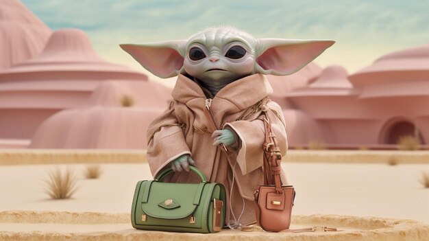 There is a baby yoda doll holding a purse in the desert generative ai