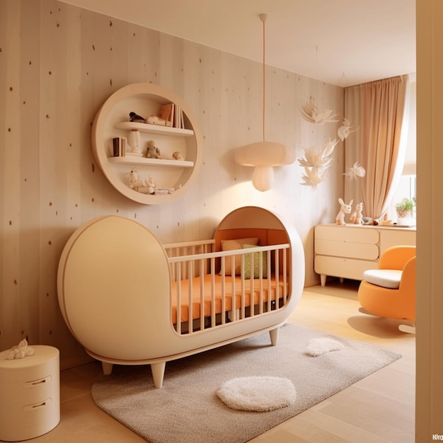 There is a babys room with a crib and a chair generative ai