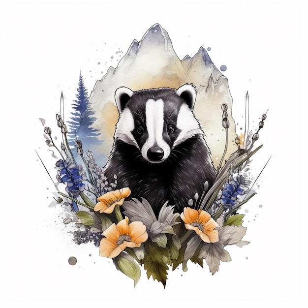 There is a badger that is sitting in the middle of some flowers generative ai