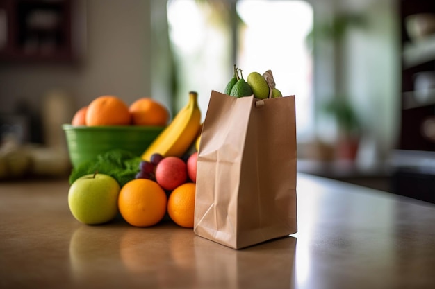 There is a bag of fruit on the counter next to a bowl of fruit generative ai