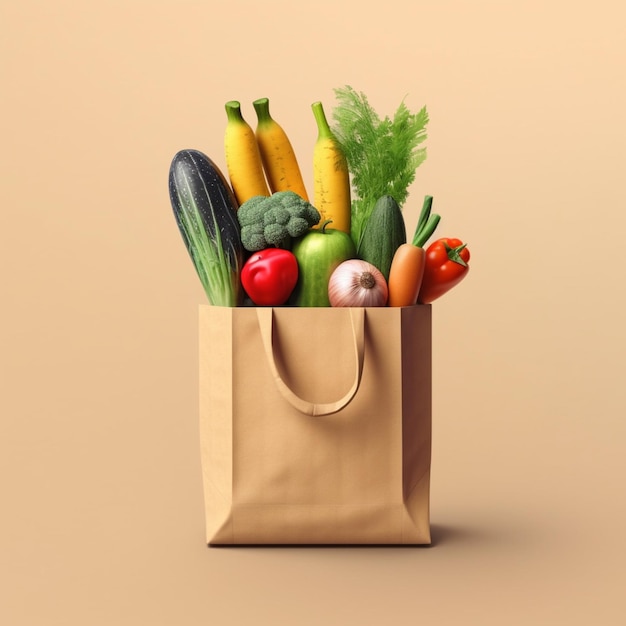 There is a bag full of vegetables and fruits on a beige background generative ai