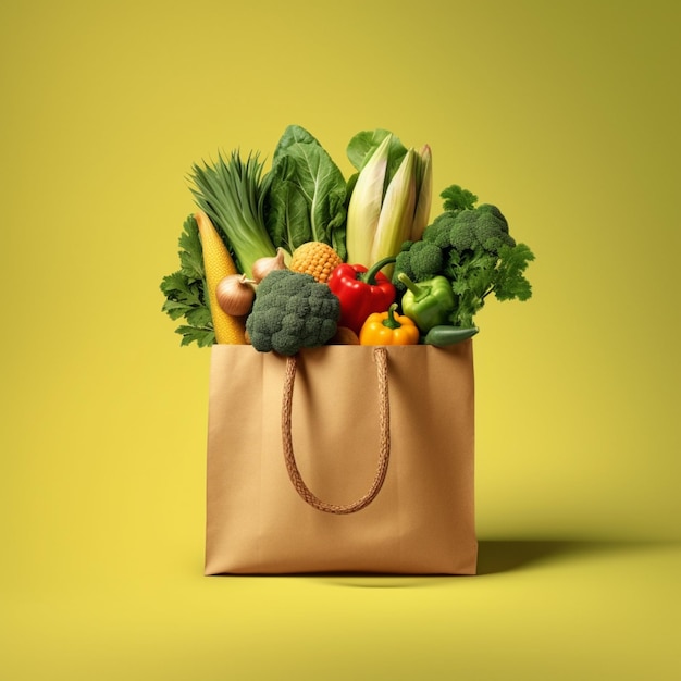 There is a bag full of vegetables and fruits on a yellow background generative ai