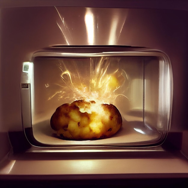 There is a baked item in a microwave with a light coming out generative ai