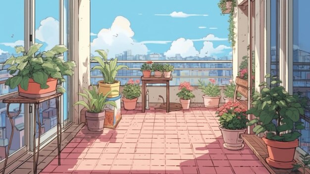 there is a balcony with potted plants and a table with a bench generative ai