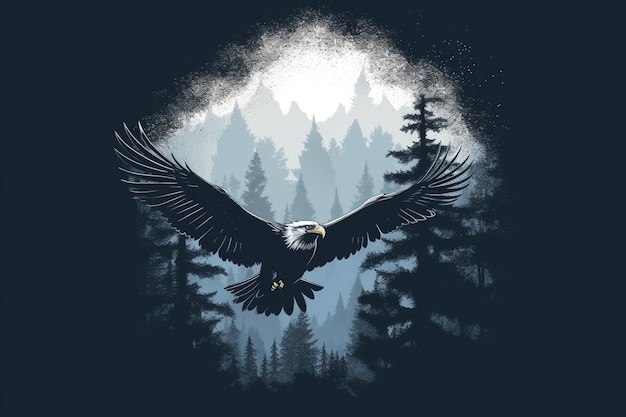 Photo there is a bald eagle flying over a forest with trees generative ai