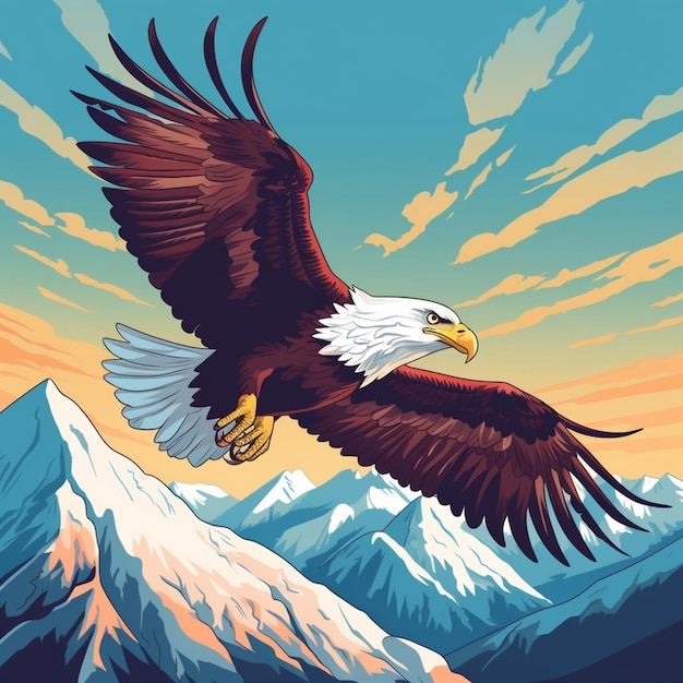 There is a bald eagle flying over a mountain range generative ai