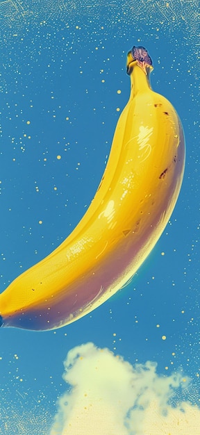 Foto c'è una banana che galleggia nell'aria con un cielo blu dietro di essa