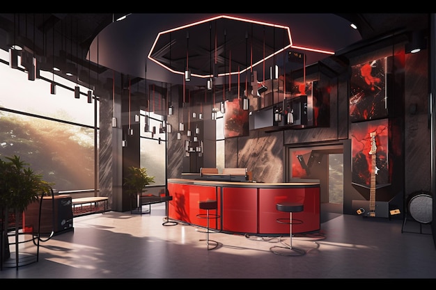 There is a bar with a red counter and chairs in a room generative ai