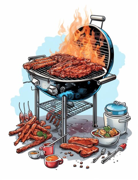 Photo there is a barbecue with meat and other foods on it generative ai