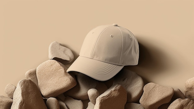 There is a baseball cap sitting on top of a pile of rocks generative ai