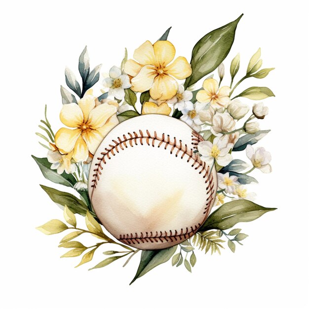 there is a baseball with flowers on it and a white background generative ai