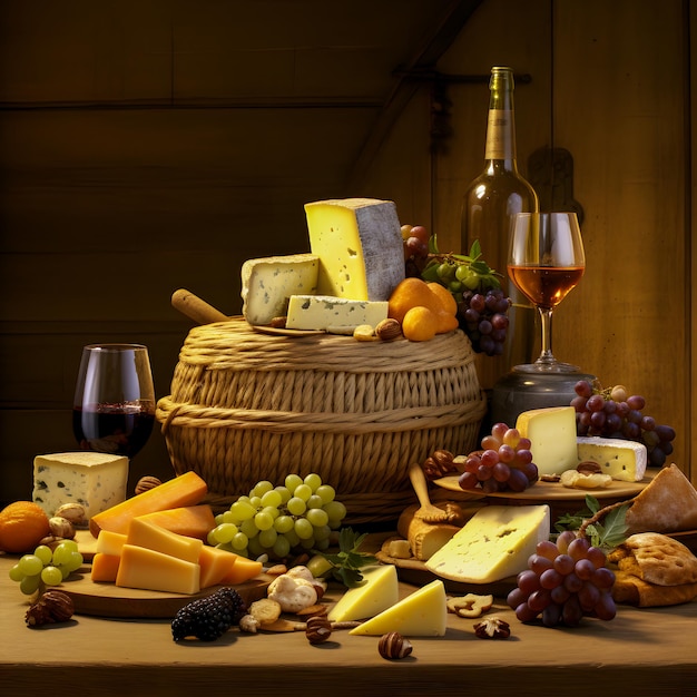 テーブルにチーズとブドウのバスケットがあります ⁇ 