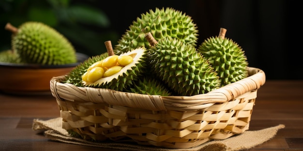 There is a basket of durian fruit on a table generative ai