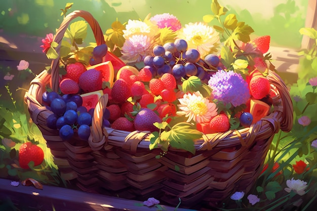 There is a basket of fruit that is sitting on a bench generative ai