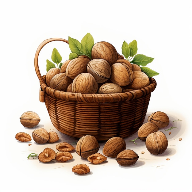 there is a basket full of nuts with leaves on top generative ai