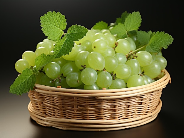 There is a basket of grapes with green leaves in it generative ai