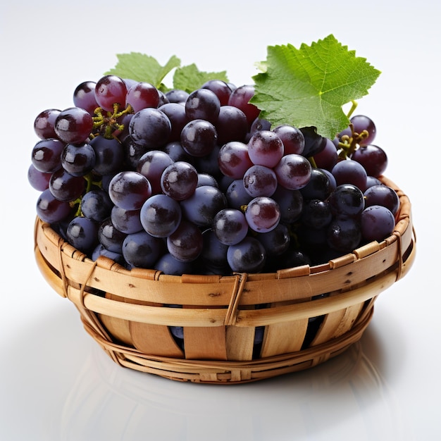 There is a basket of grapes with a leaf in it generative ai