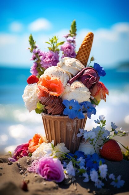 There is a basket of ice cream and flowers on the beach generative ai