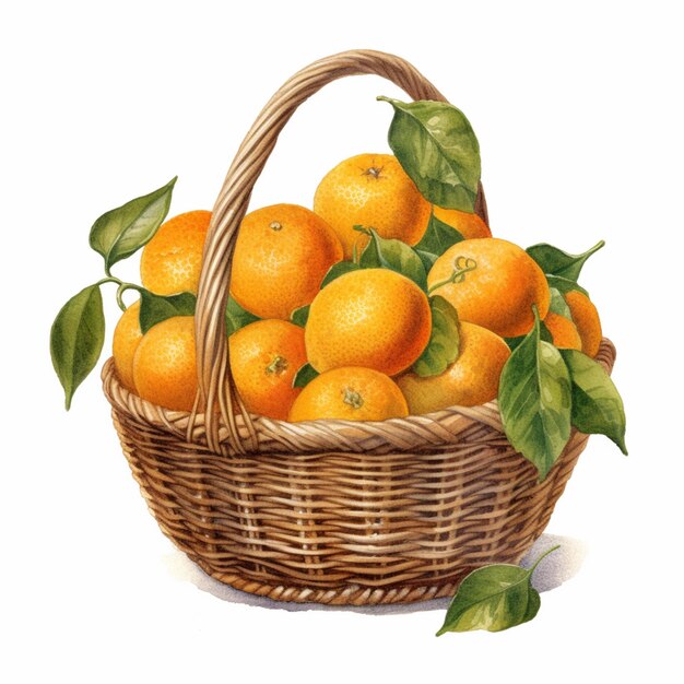 There is a basket of oranges with leaves on the side generative ai