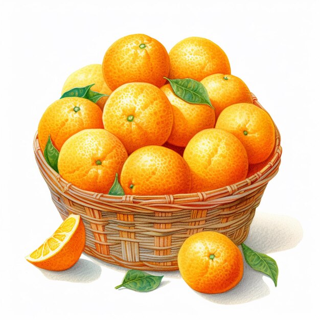 there is a basket of oranges with leaves and a slice of orange generative ai