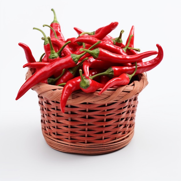 There is a basket of red hot peppers on a white background generative ai