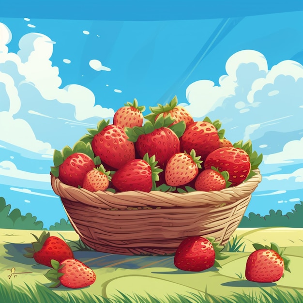 There is a basket of strawberries on the ground with a sky background generative ai