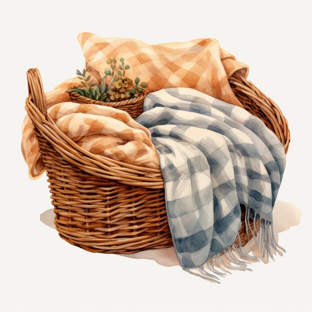 Photo there is a basket with a blanket and a pillow on it generative ai