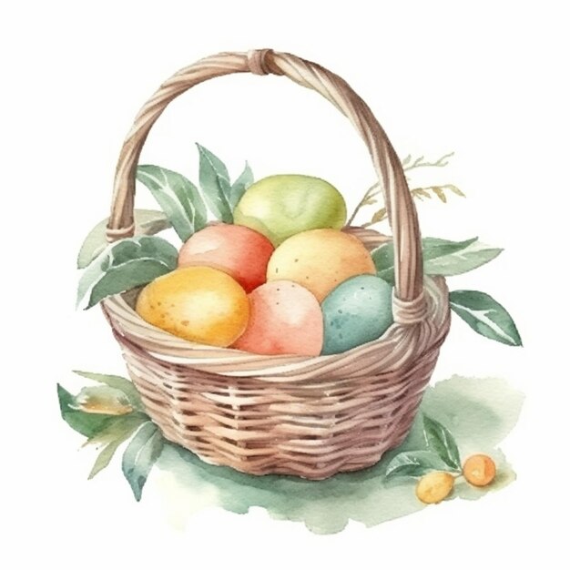 There is a basket with eggs and leaves on the ground generative ai