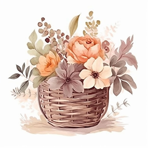 there is a basket with flowers and leaves on it generative ai