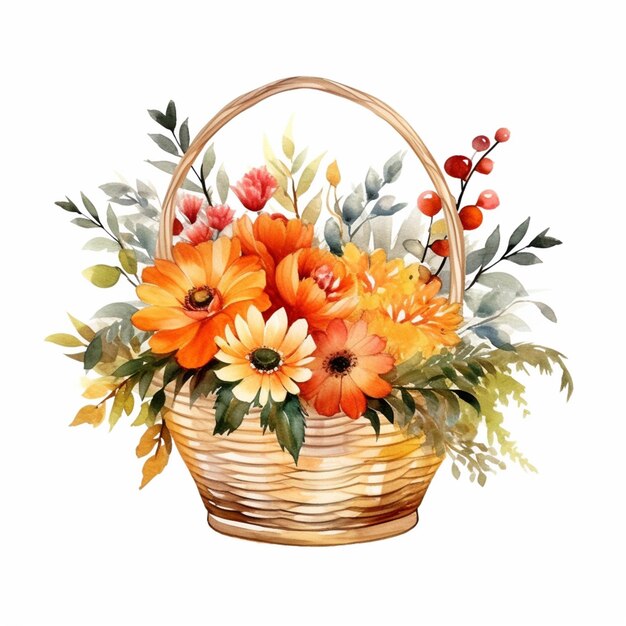 There is a basket with flowers and leaves on it generative ai