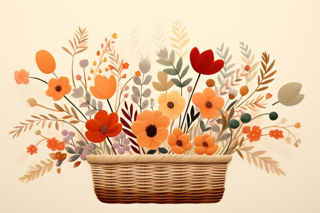 There is a basket with flowers painted on it on a wall generative ai