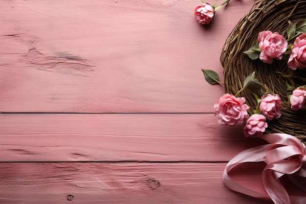 There is a basket with flowers and a pink ribbon on a wooden table generative ai