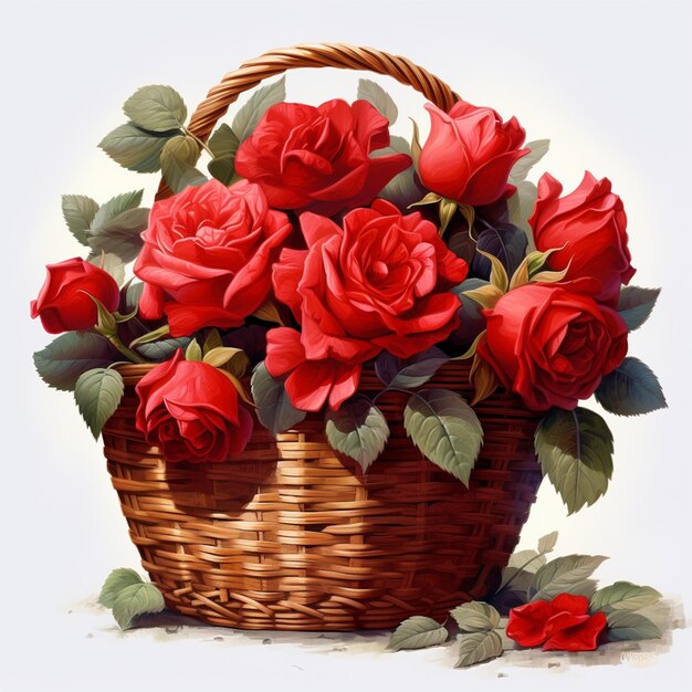 There is a basket with red roses in it on a white background generative ai