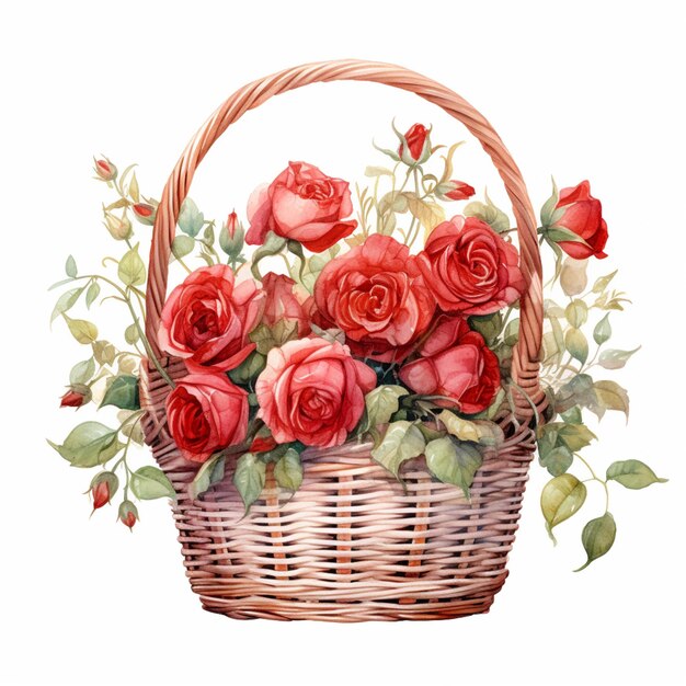 there is a basket with roses in it on a white background generative ai