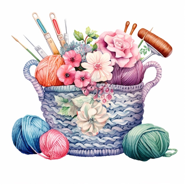 there is a basket with yarn and flowers and crochets generative ai