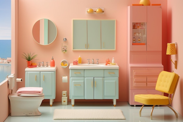 Photo there is a bathroom with a pink and blue color scheme ai generative