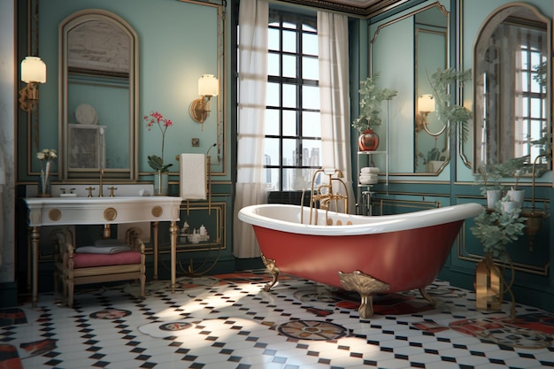 there is a bathtub in a bathroom with a sink and mirror generative ai