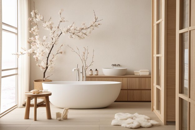 There is a bathtub in a bathroom with a wooden stool generative ai