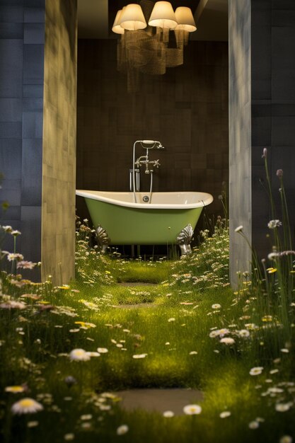 there is a bathtub in the middle of a field of flowers generative ai