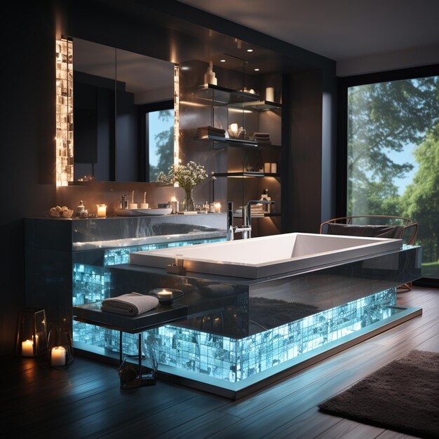 there is a bathtub with a glass counter and a stool generative ai