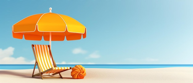해변 생성 AI에는 해변 의자와 우산이 있습니다.