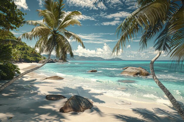 there is a beach with palm trees and a rock in the water generative ai