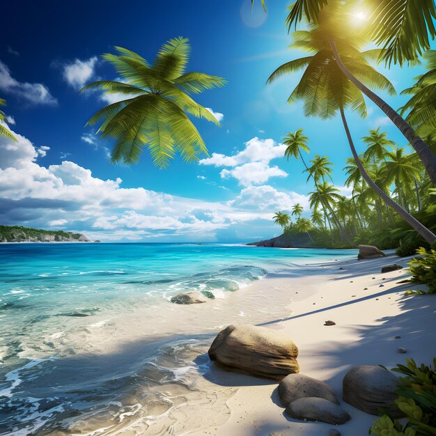 There is a beach with a rock and palm trees on it Generative AI