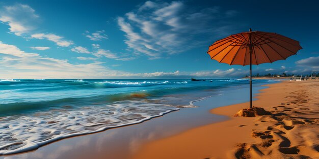 There is a beach with a umbrella and footprints in the sand generative ai