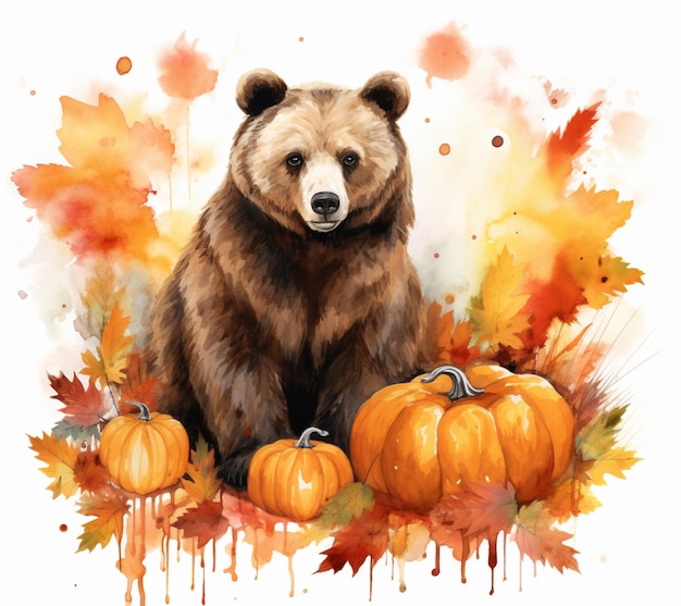 There is a bear sitting next to a pumpkin and a pumpkin generative ai