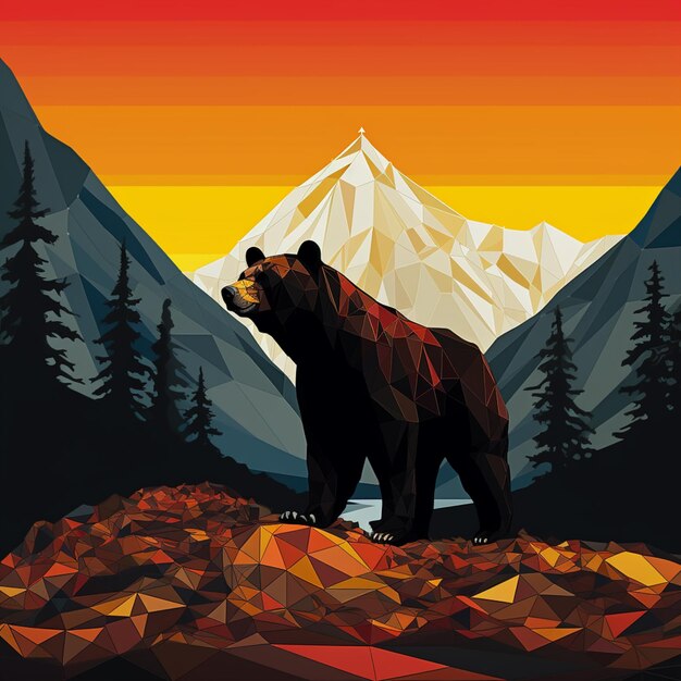 There is a bear standing on a rocky hill with a mountain in the background generative ai