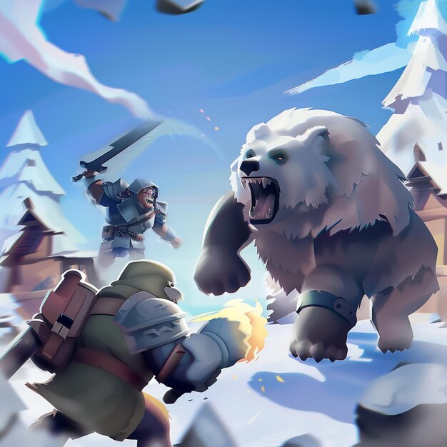 Photo there is a bear that is attacking a man in a snowy area generative ai