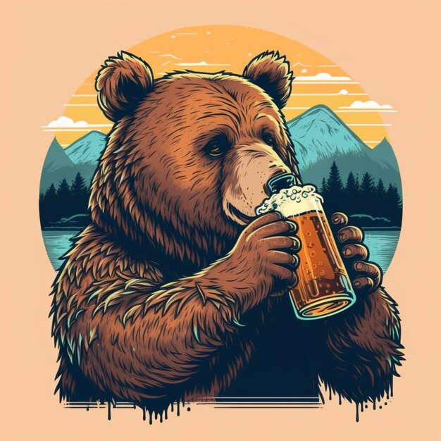 カップでビールを飲んでいるクマがいます